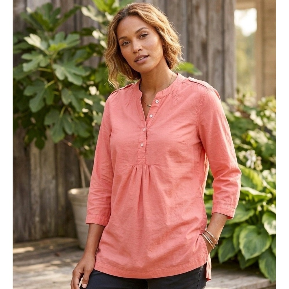 Eddie Bauer Womens Tall Medium Coral Pink Henley Shirt Tunic Blouse 34 Sleeve
